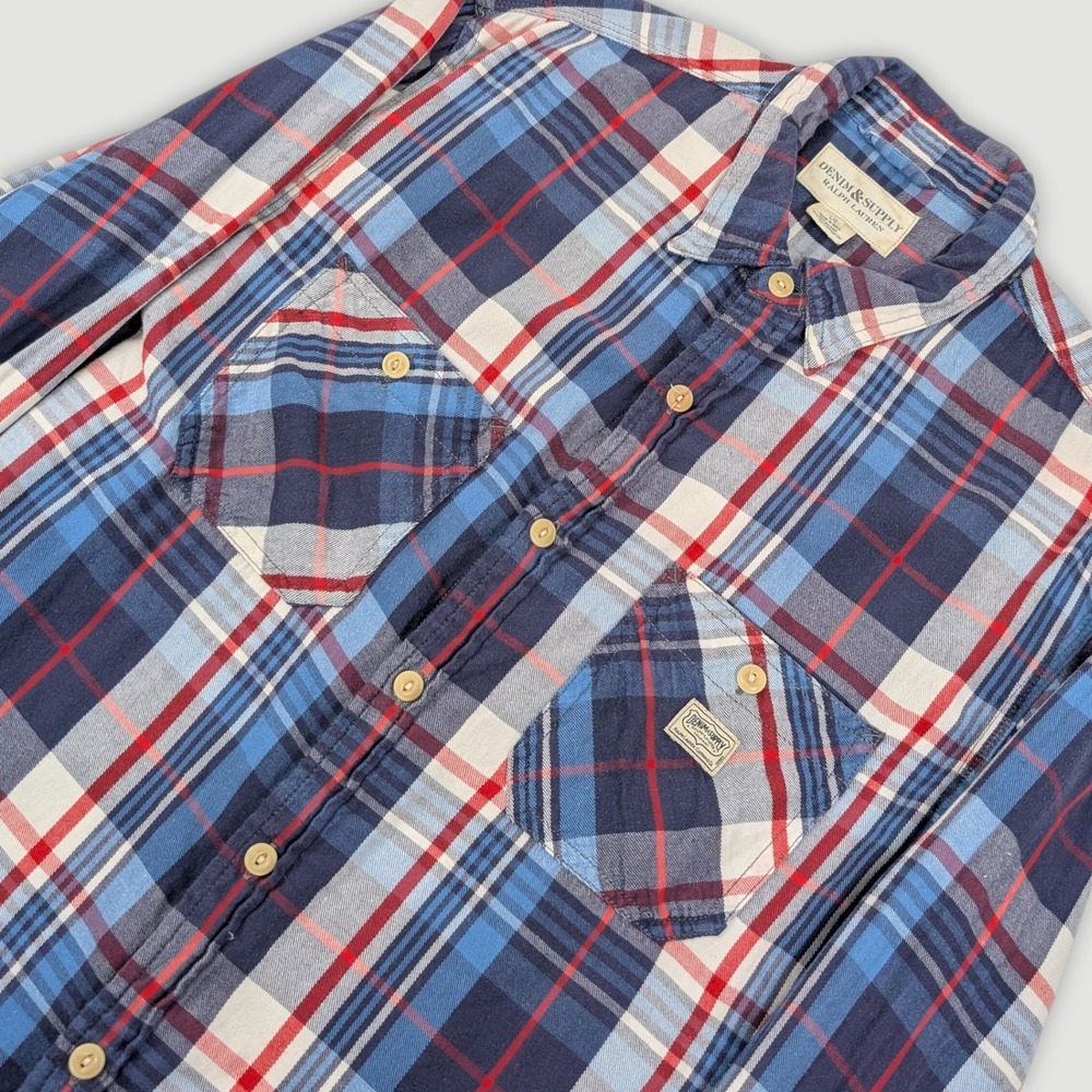 Ralph Lauren Denim & Supply Plaid Flannel Button Up Shirt Mens Large Blue Red